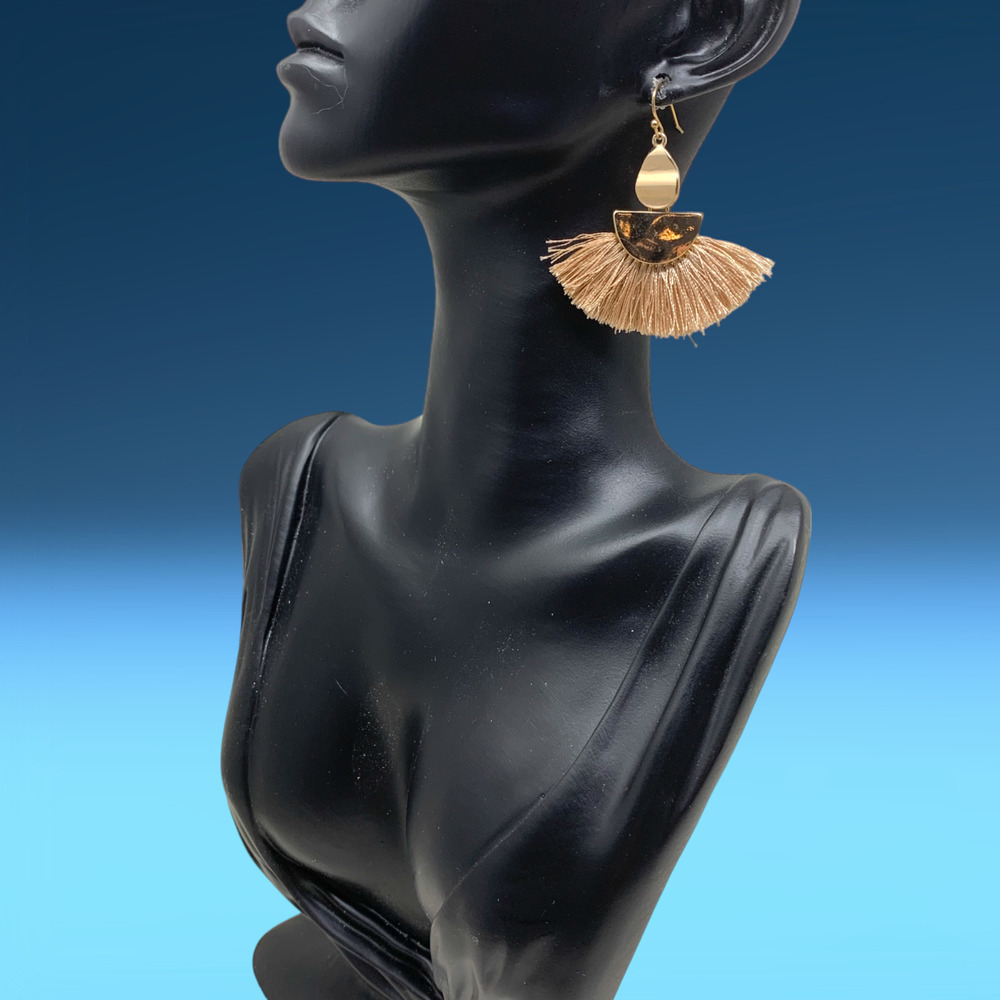 Vintage Y2K Bohemian Earrings Tan Tassel Modernist Fringe Fan Pierced Carded
